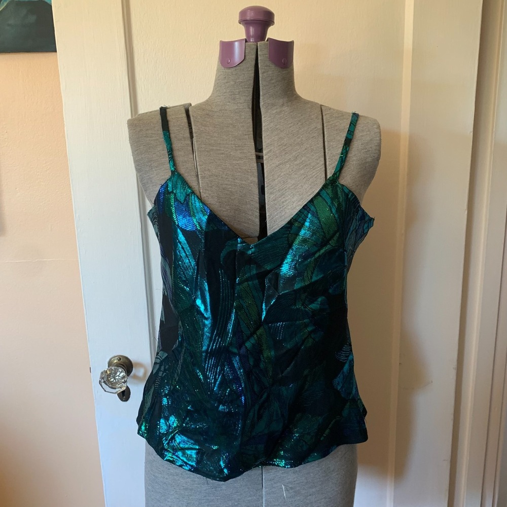 Helene St Marie Vintage Metallic Blue Green Cami Top V-Neck Spaghetti Strap